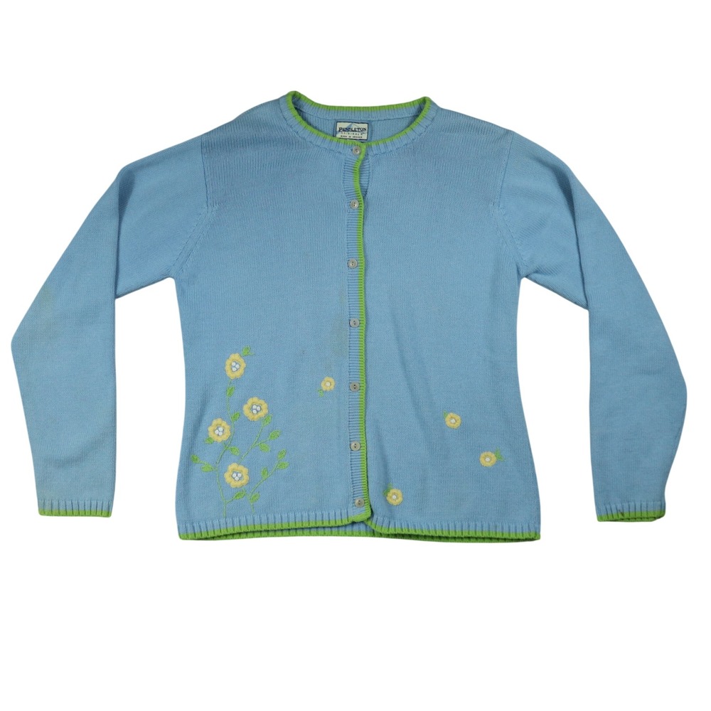 Pendleton Originals Blue Floral Embroidered Cotton‎ Cardigan Sweater Size M FLAW